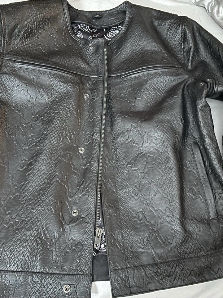 Black Snakeskin-Embossed Genuine Leather Jacket With Black Bandana Lining